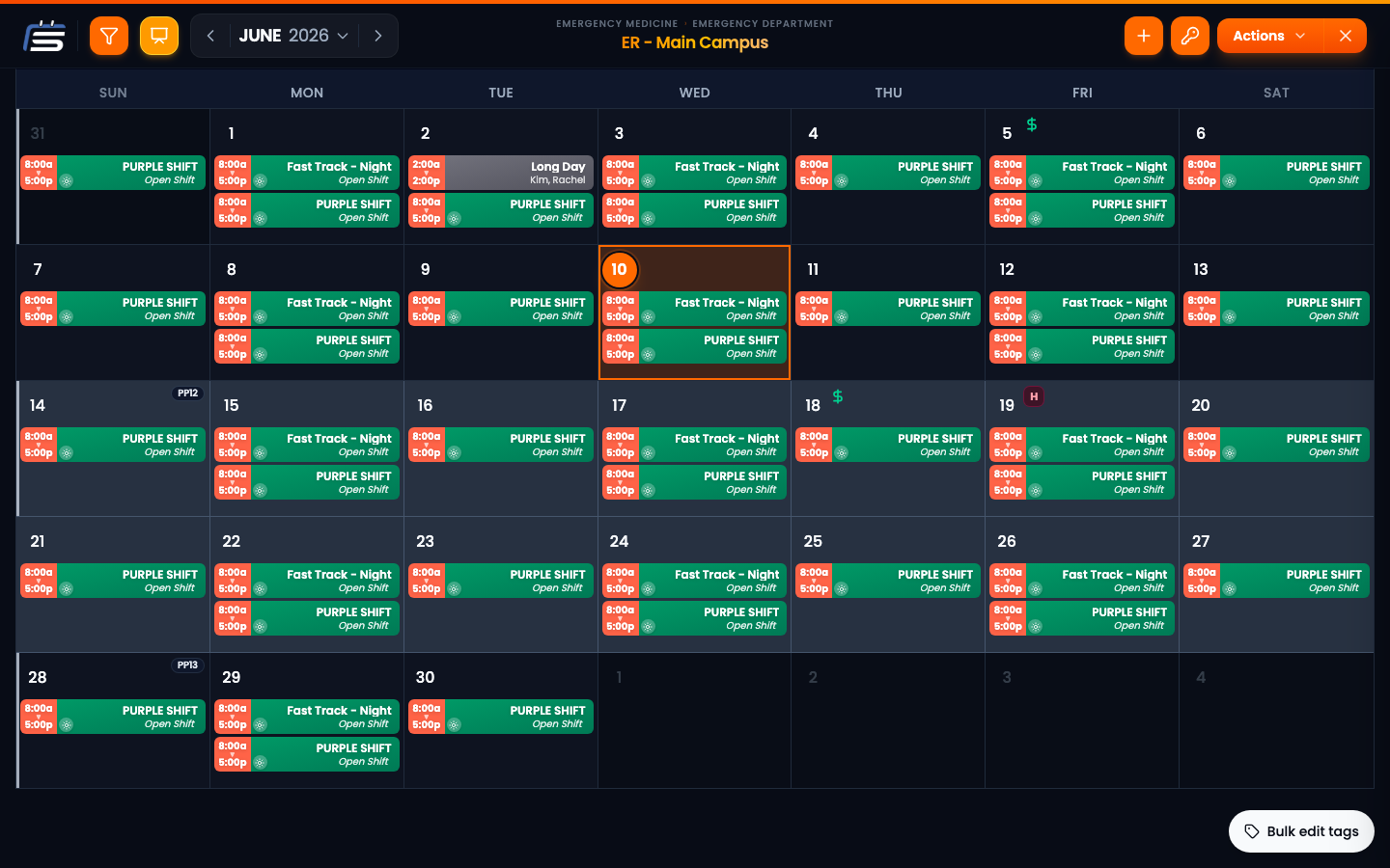 The admin calendar showing a full month of color-coded shifts.
