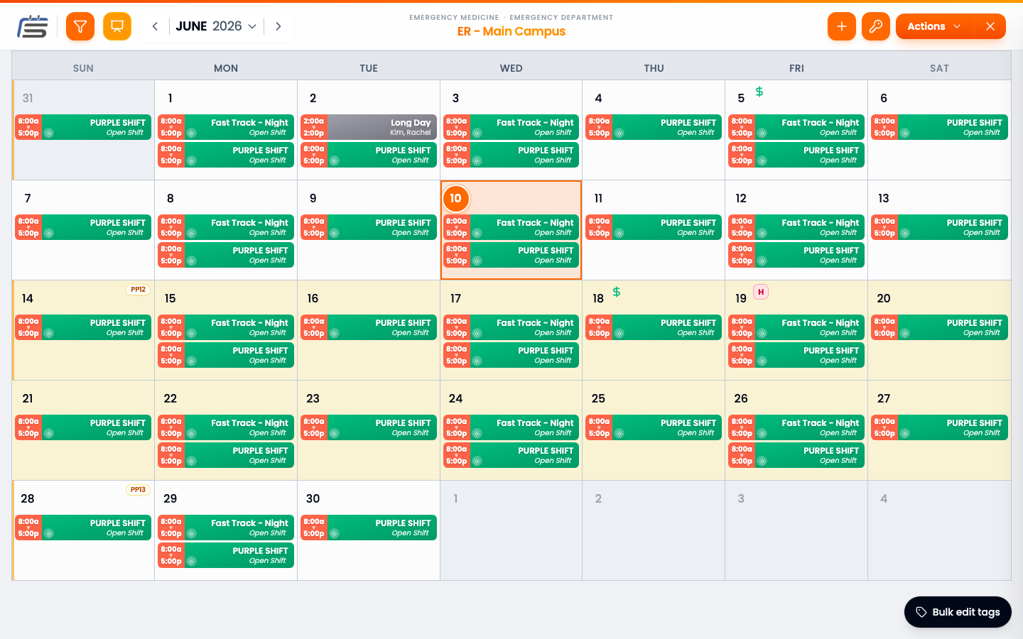 The admin calendar showing a full month of color-coded shifts.