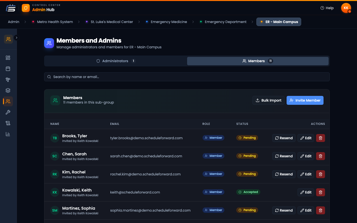 The Members area listing team members with their roles and status, plus Invite and Bulk Import buttons.