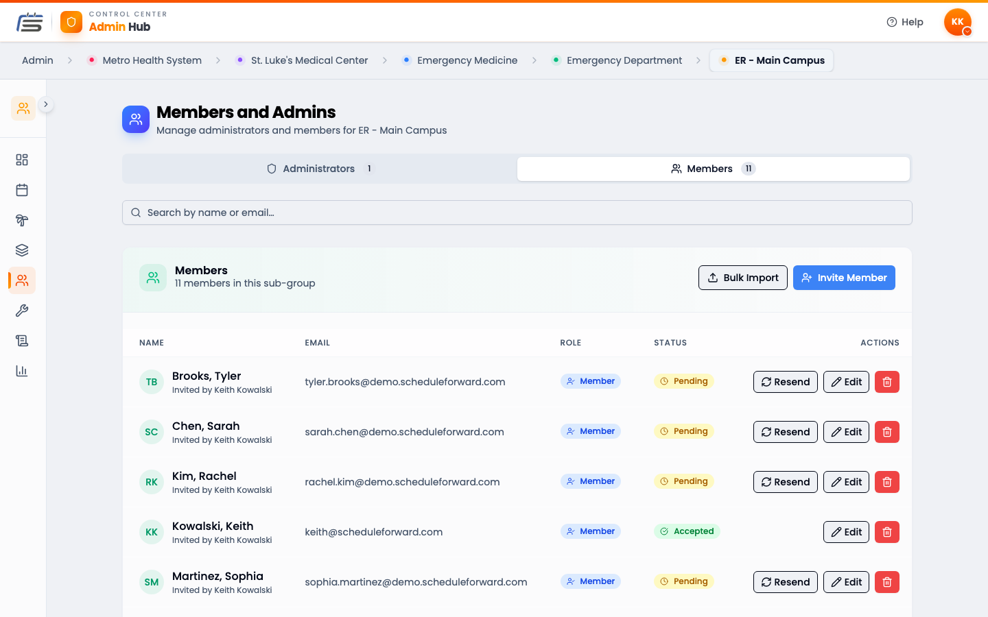 The Members area listing team members with their roles and status, plus Invite and Bulk Import buttons.