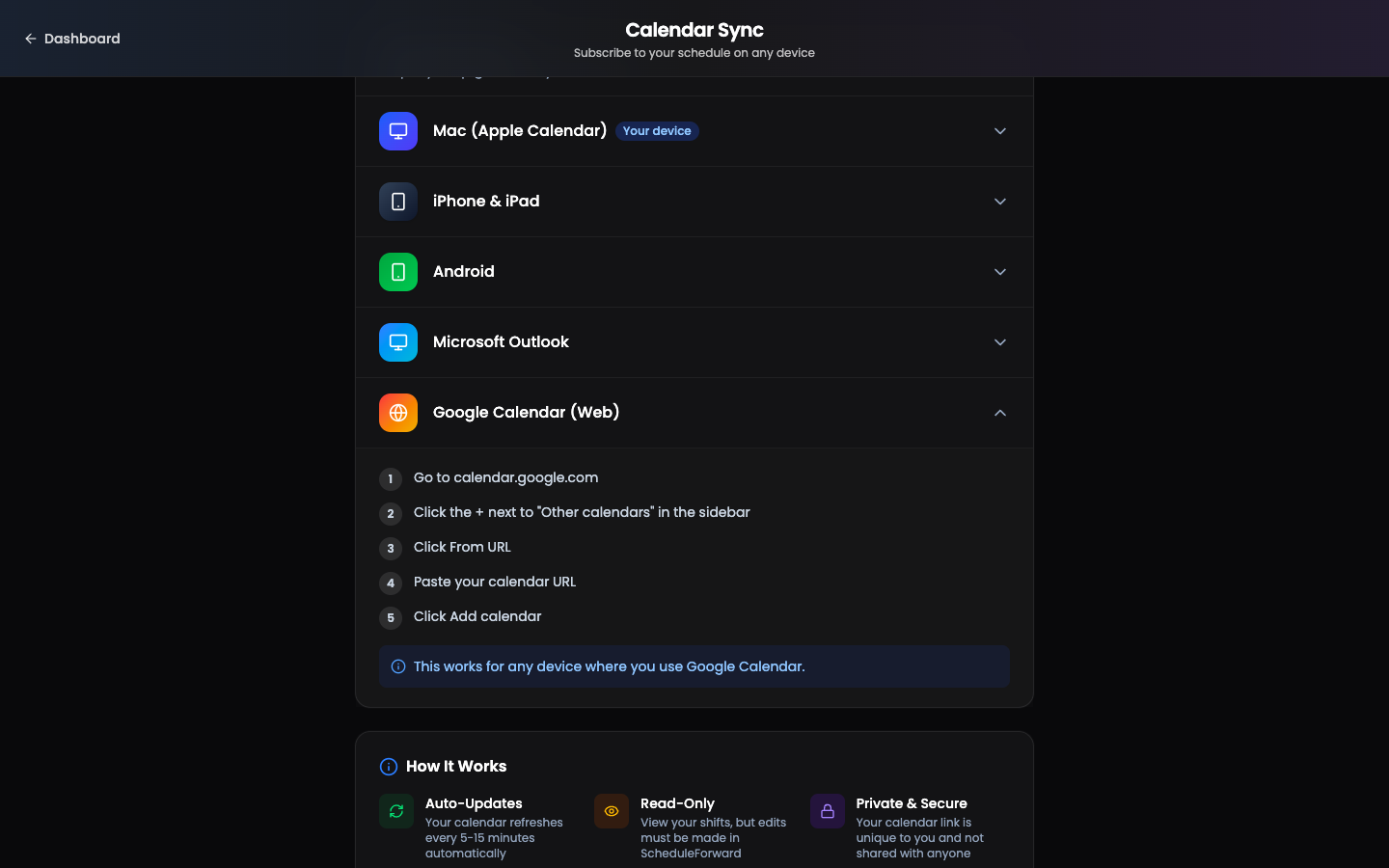 The Setup Instructions section of the Calendar Sync page with device accordions: Mac, iPhone & iPad, Android, Microsoft Outlook, and Google Calendar (Web) expanded showing five numbered steps.