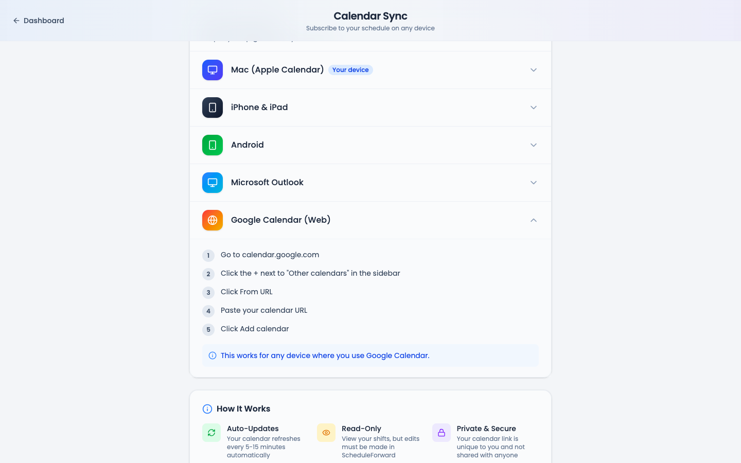 The Setup Instructions section of the Calendar Sync page with device accordions: Mac, iPhone & iPad, Android, Microsoft Outlook, and Google Calendar (Web) expanded showing five numbered steps.