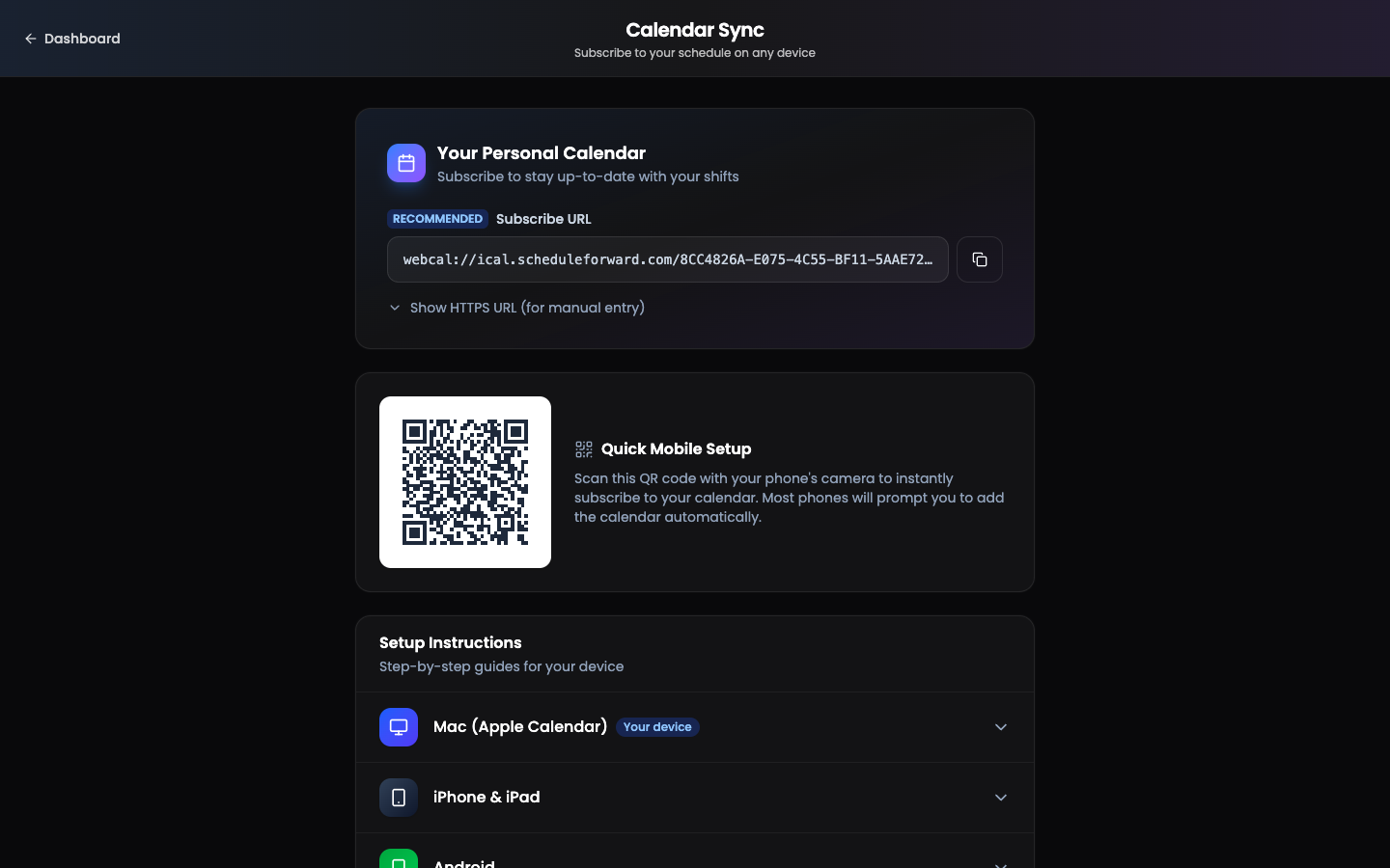 The Calendar Sync page in ScheduleForward showing the personal webcal subscribe URL with a copy button and a QR code for mobile setup.