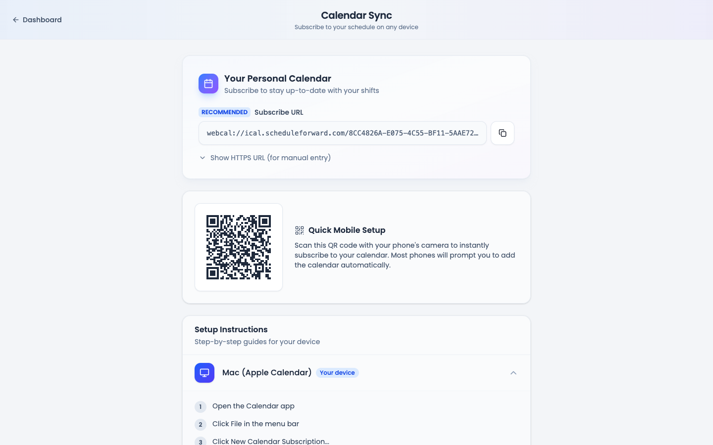 The Calendar Sync page in ScheduleForward showing the personal webcal subscribe URL with a copy button and a QR code for mobile setup.