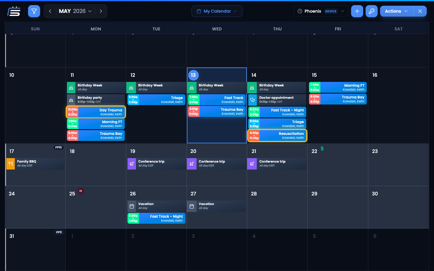 My Calendar month view with shifts colored by location across multiple days, today highlighted.
