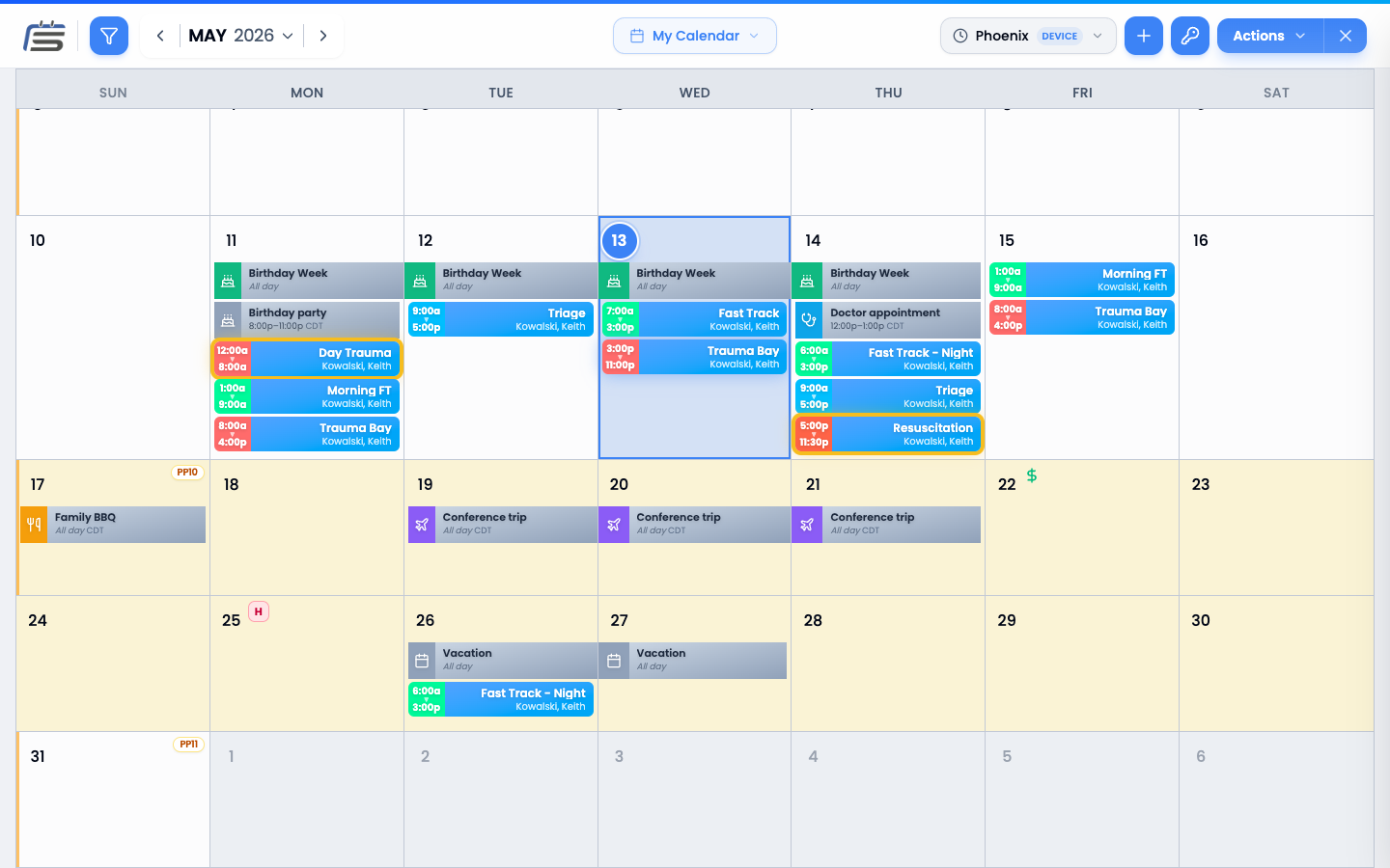 My Calendar month view with shifts colored by location across multiple days, today highlighted.
