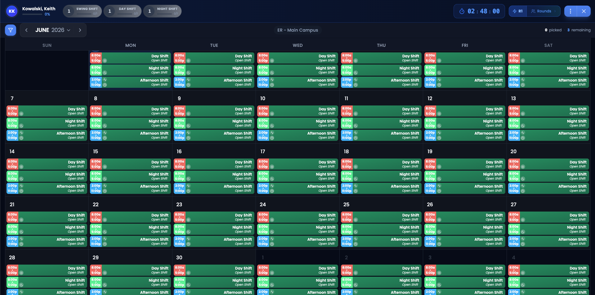 The live draft page with the active picker, requirement chips, round timer, and calendar of available shifts.