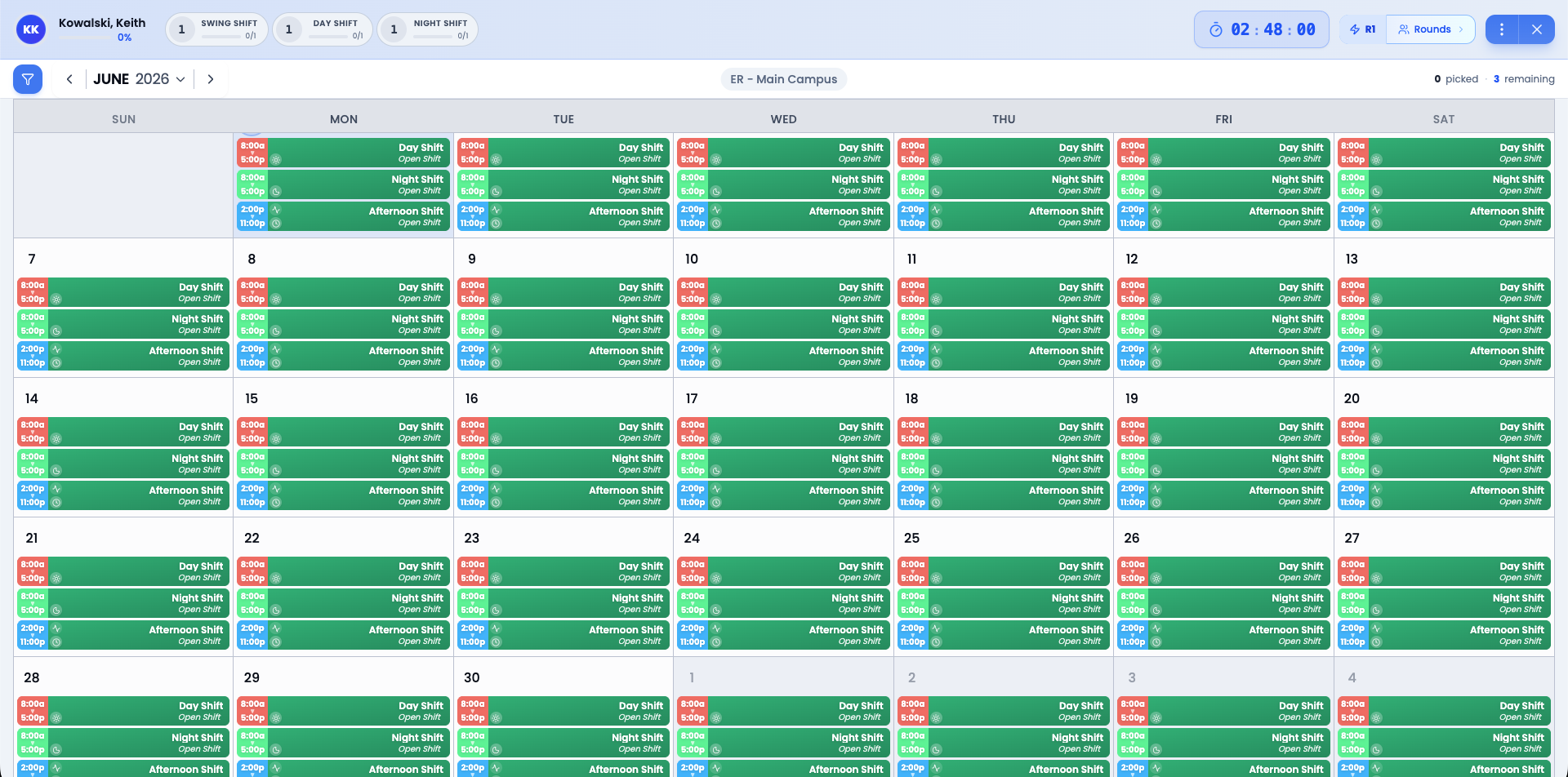 The live draft page with the active picker, requirement chips, round timer, and calendar of available shifts.