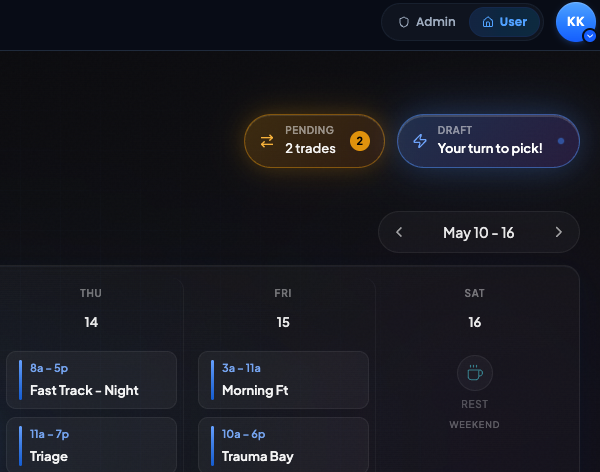 The dashboard greeting bar with a Draft “Your turn to pick!” callout and a Pending trades chip.