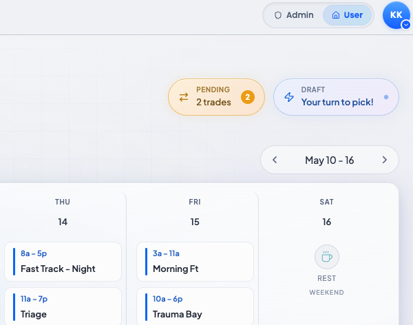 The dashboard greeting bar with a Draft “Your turn to pick!” callout and a Pending trades chip.