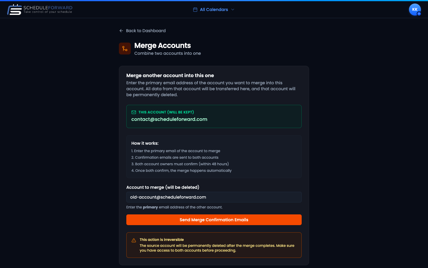 The Merge Accounts page with the current account marked WILL BE KEPT, a numbered How it works list, an email input for the account to merge, and a Send Merge Confirmation Emails button.