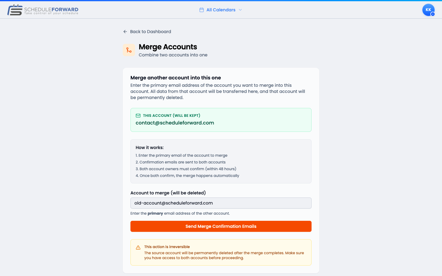 The Merge Accounts page with the current account marked WILL BE KEPT, a numbered How it works list, an email input for the account to merge, and a Send Merge Confirmation Emails button.