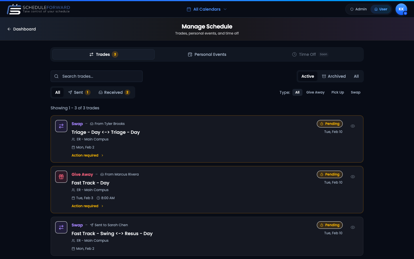 The My Schedule page with the Trades tab selected, showing the Trades / Personal Events / Time Off (Soon) tab switcher and a list of pending trades.