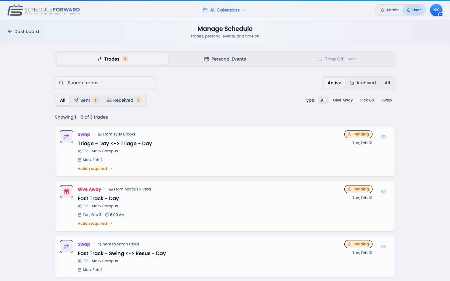 The My Schedule page with the Trades tab selected, showing the Trades / Personal Events / Time Off (Soon) tab switcher and a list of pending trades.