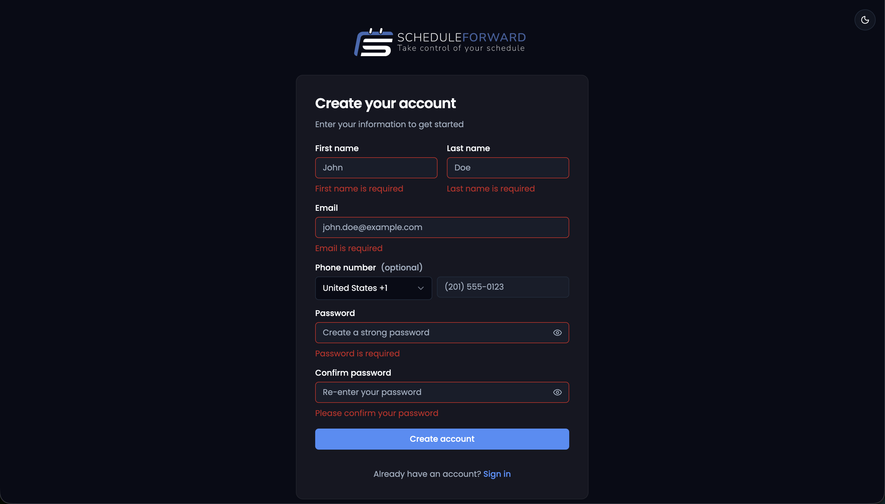 The ScheduleForward sign-up form showing first name, last name, email, phone, and password fields with inline validation.