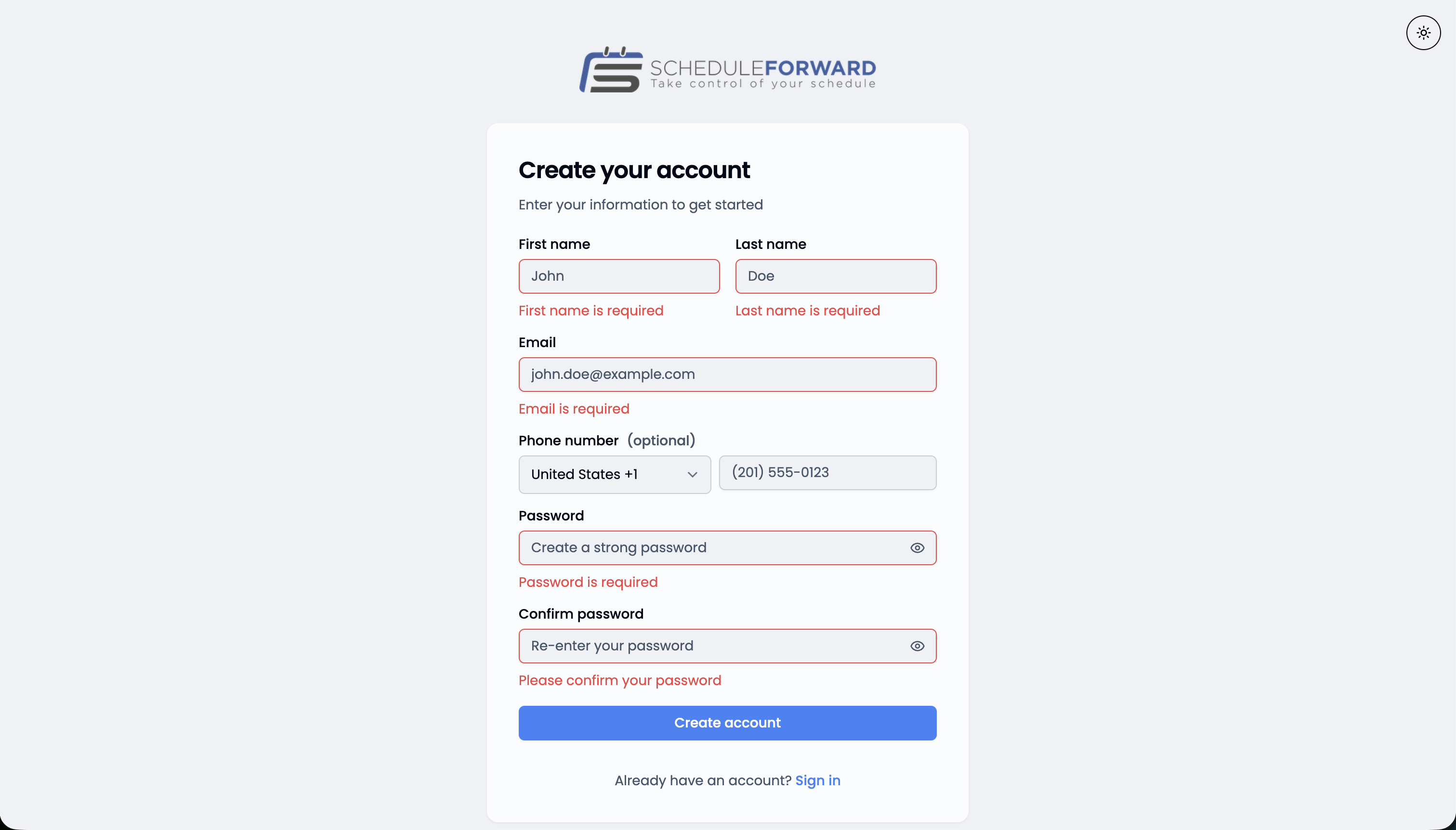 The ScheduleForward sign-up form showing first name, last name, email, phone, and password fields with inline validation.