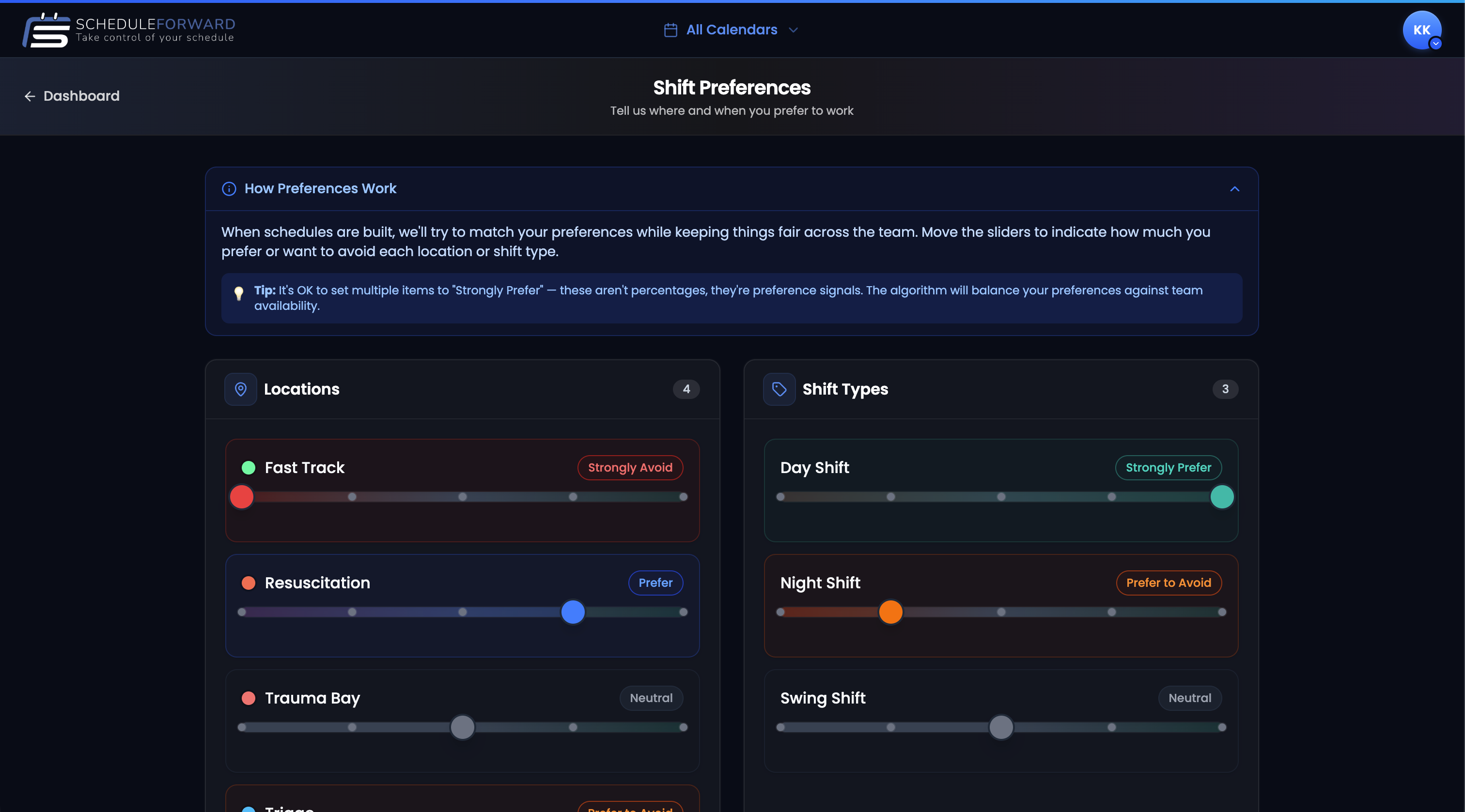 The Shift Preferences page with Locations on the left, Shift Types on the right, and preference sliders for each.