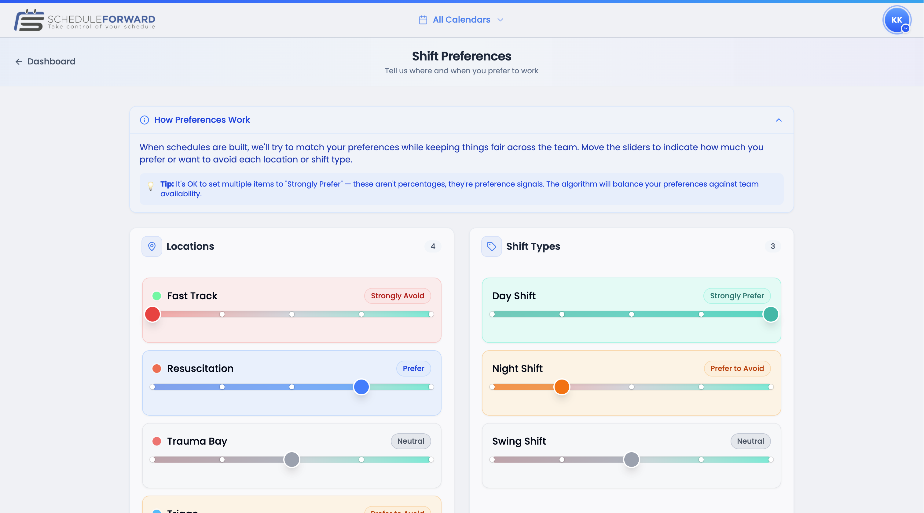 The Shift Preferences page with Locations on the left, Shift Types on the right, and preference sliders for each.