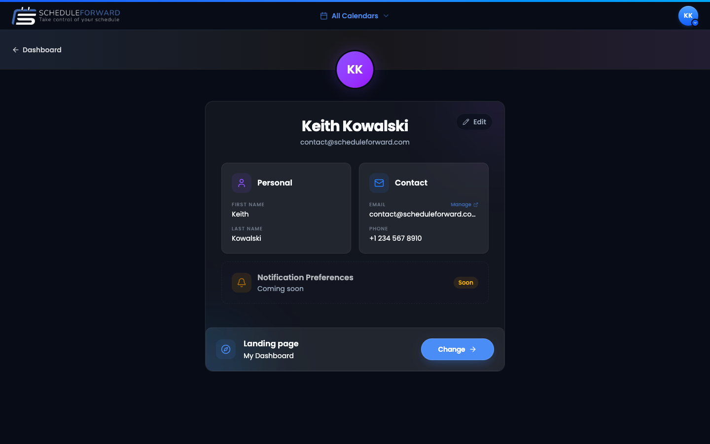 The user Profile page showing name and email header, Personal (first/last name) and Contact (email/phone) cards, a Notification Preferences placeholder, and the Landing page selector.