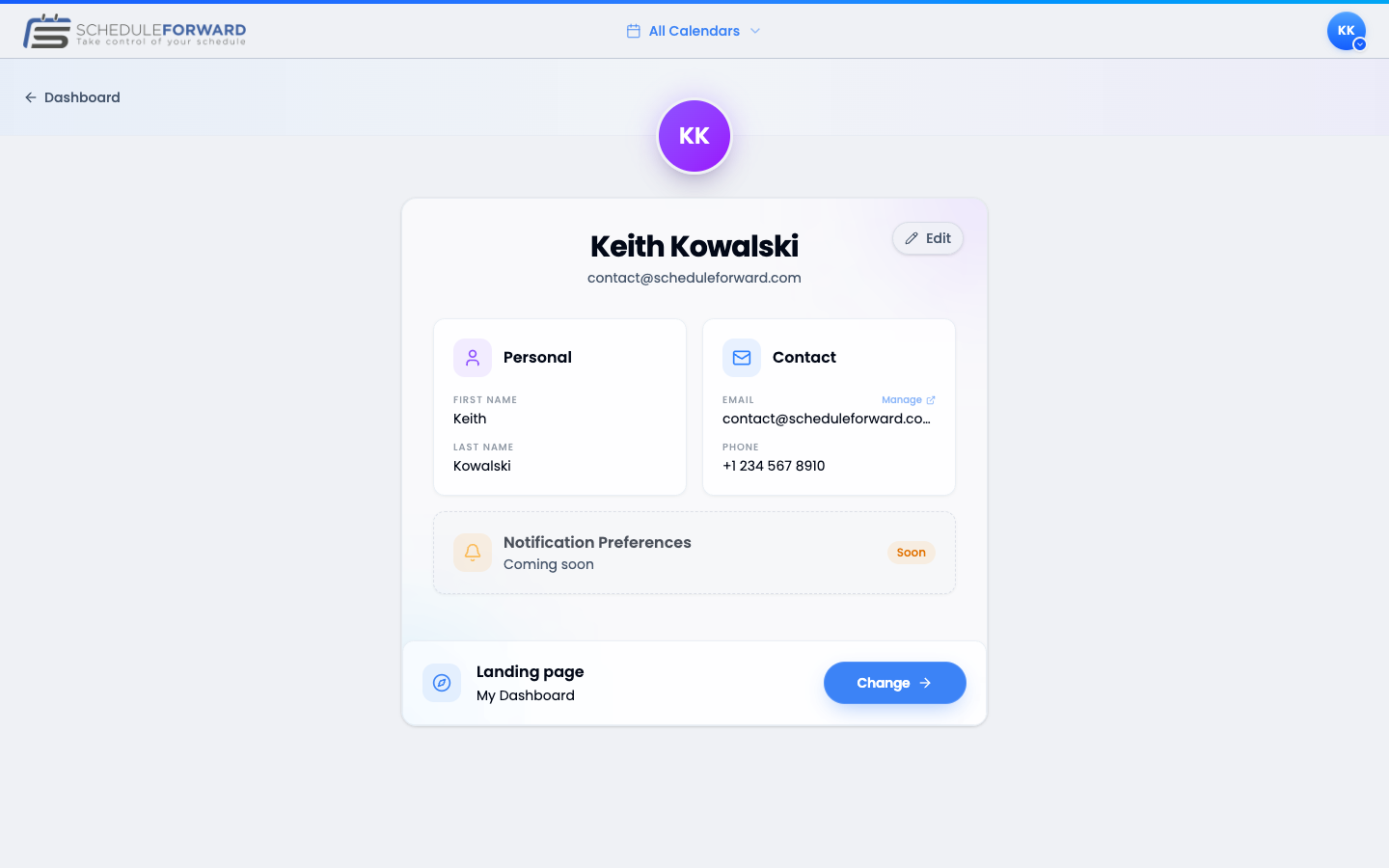 The user Profile page showing name and email header, Personal (first/last name) and Contact (email/phone) cards, a Notification Preferences placeholder, and the Landing page selector.