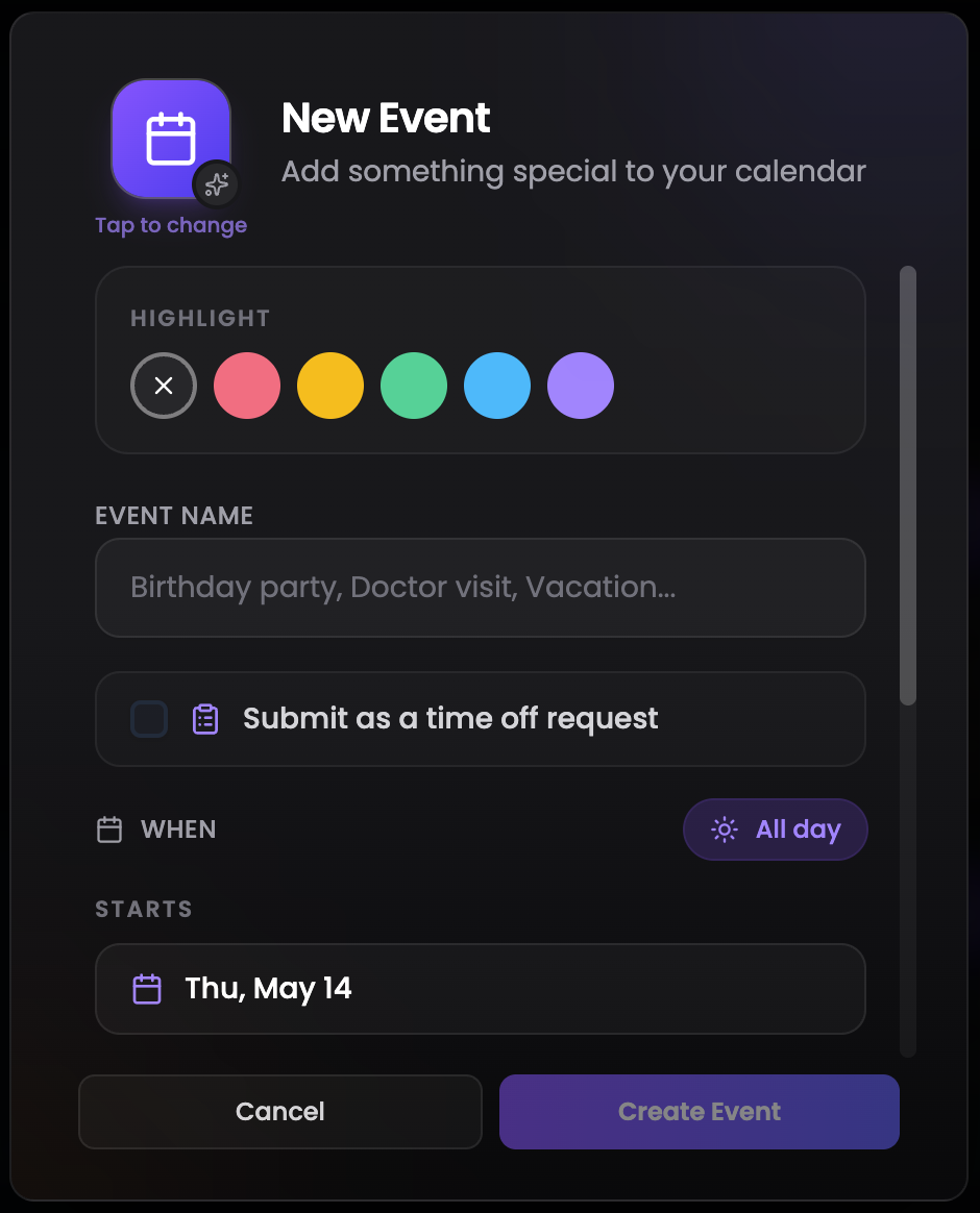 The Personal Event dialog showing the icon picker grid with categories like Celebrations, Calendar & Time, Travel, and Health & Wellness.