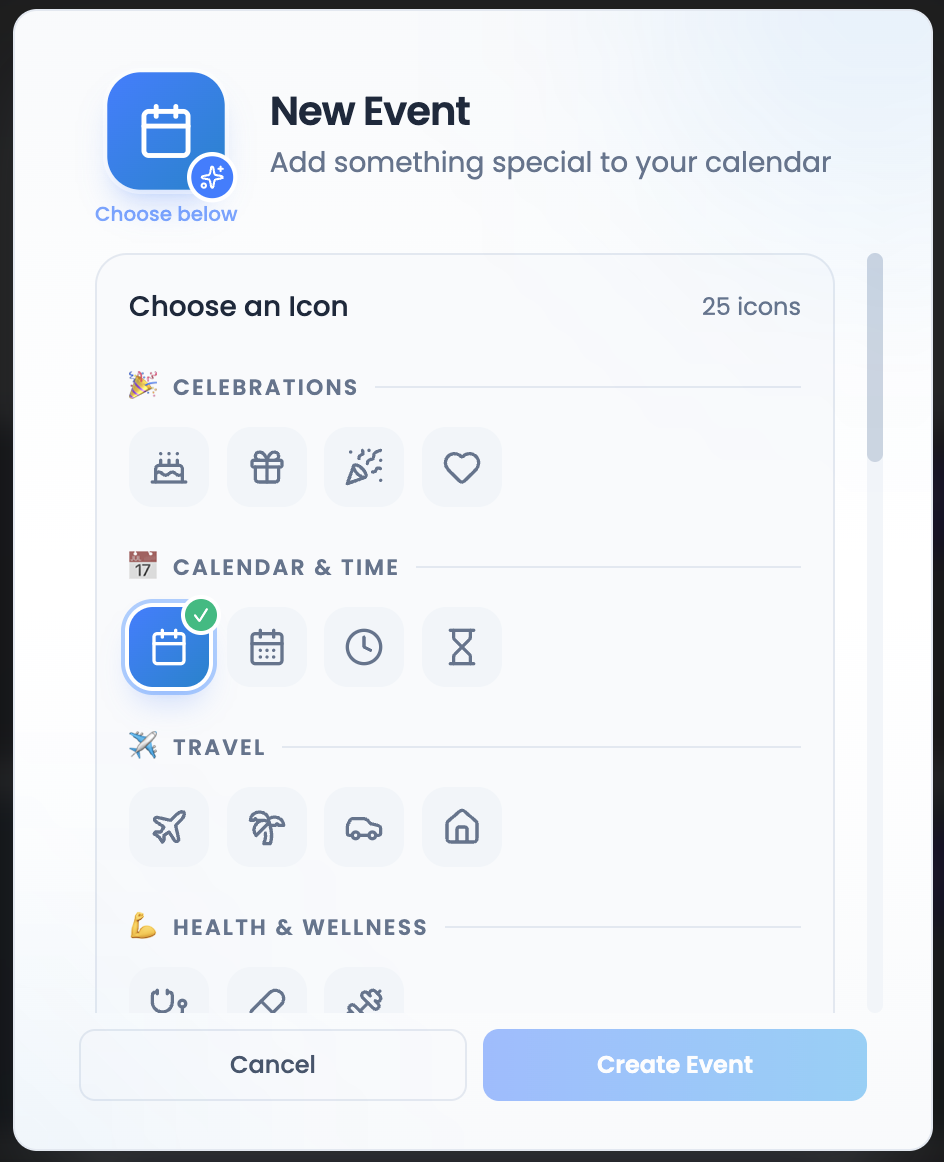 The Personal Event dialog showing the icon picker grid with categories like Celebrations, Calendar & Time, Travel, and Health & Wellness.